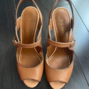 Enzo Angiolini Tan Leather Peep Toe Heels Mary Jane Slingback Pumps